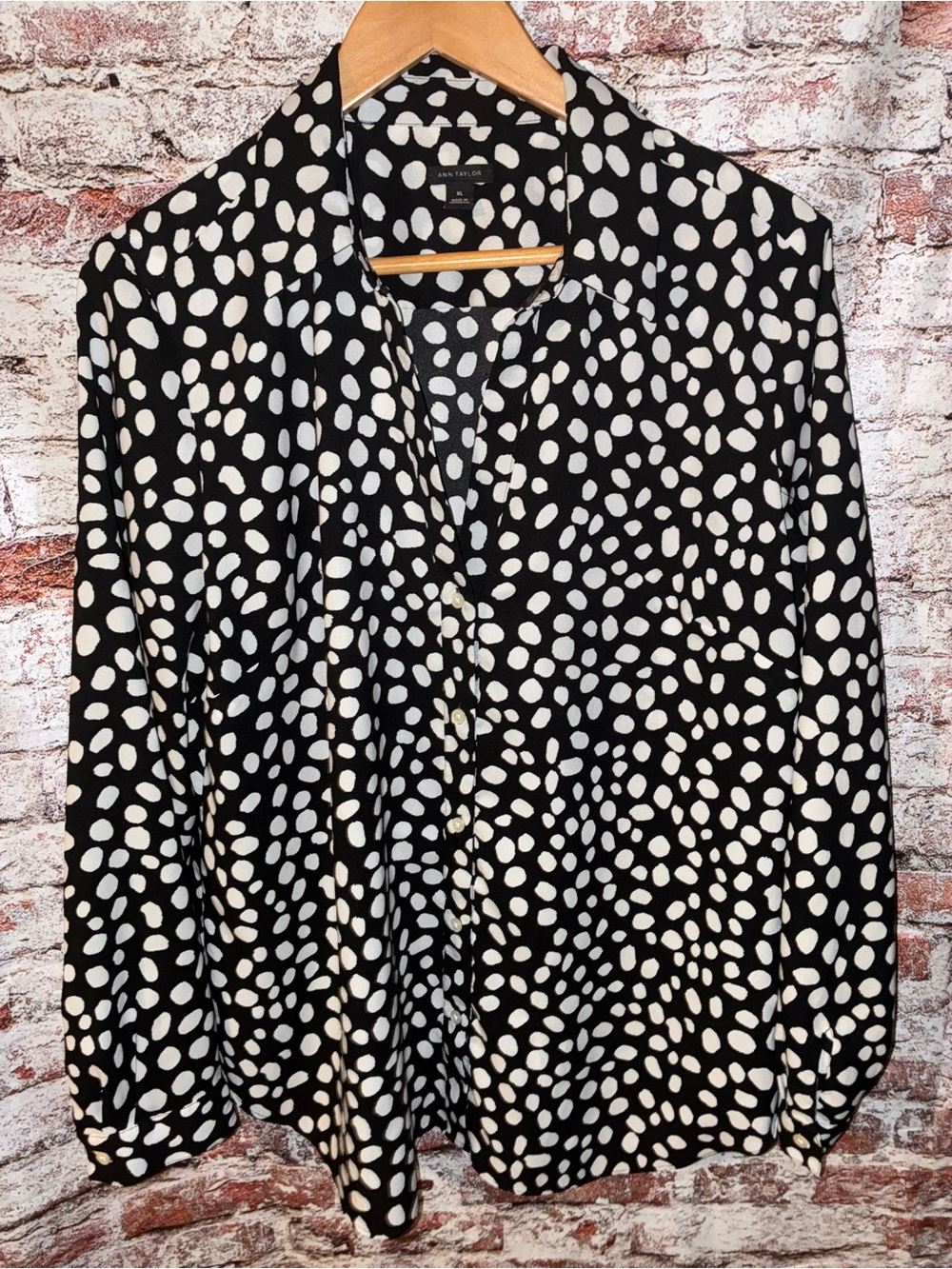 Ann Taylor Black Button-Down Blouse with White Polka Dot Print